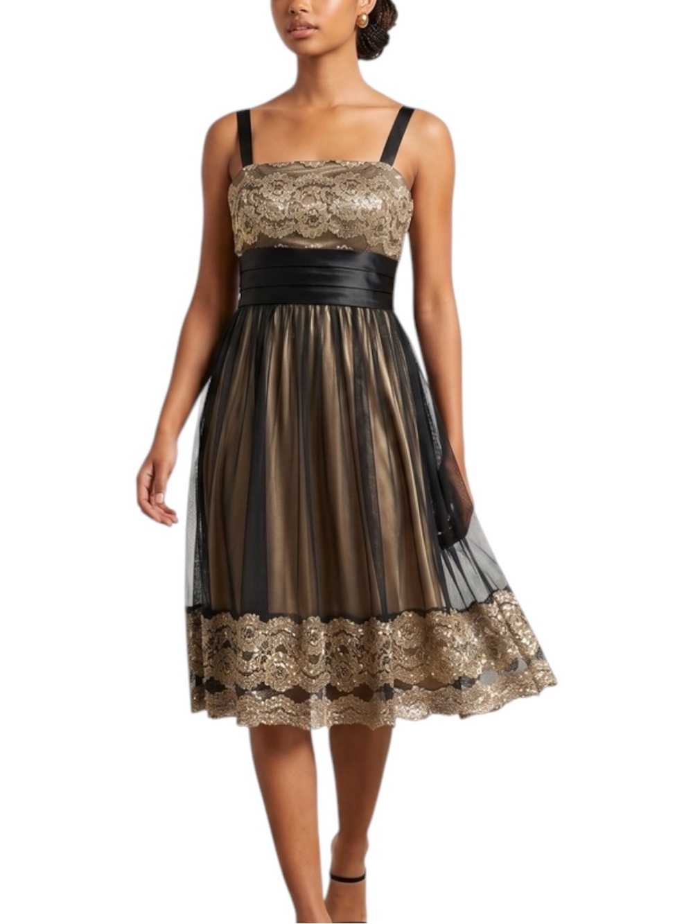 R&M Richards Sheer Black Gold Metallic Sequined Dress NWOT Size 8P